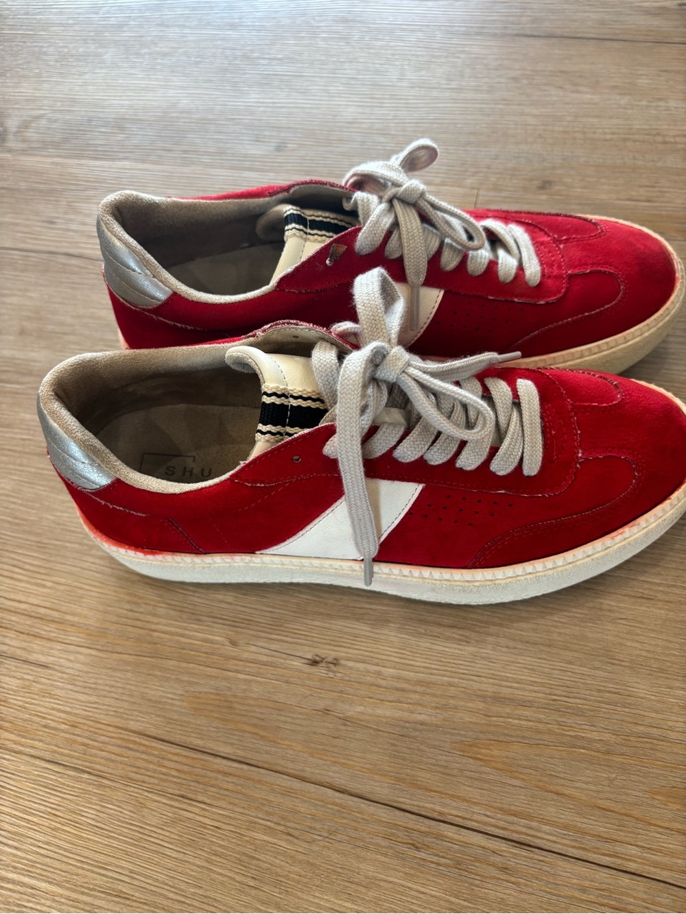 ShuShop Red Suede Women's Low-Top Sneakers with White Stripe